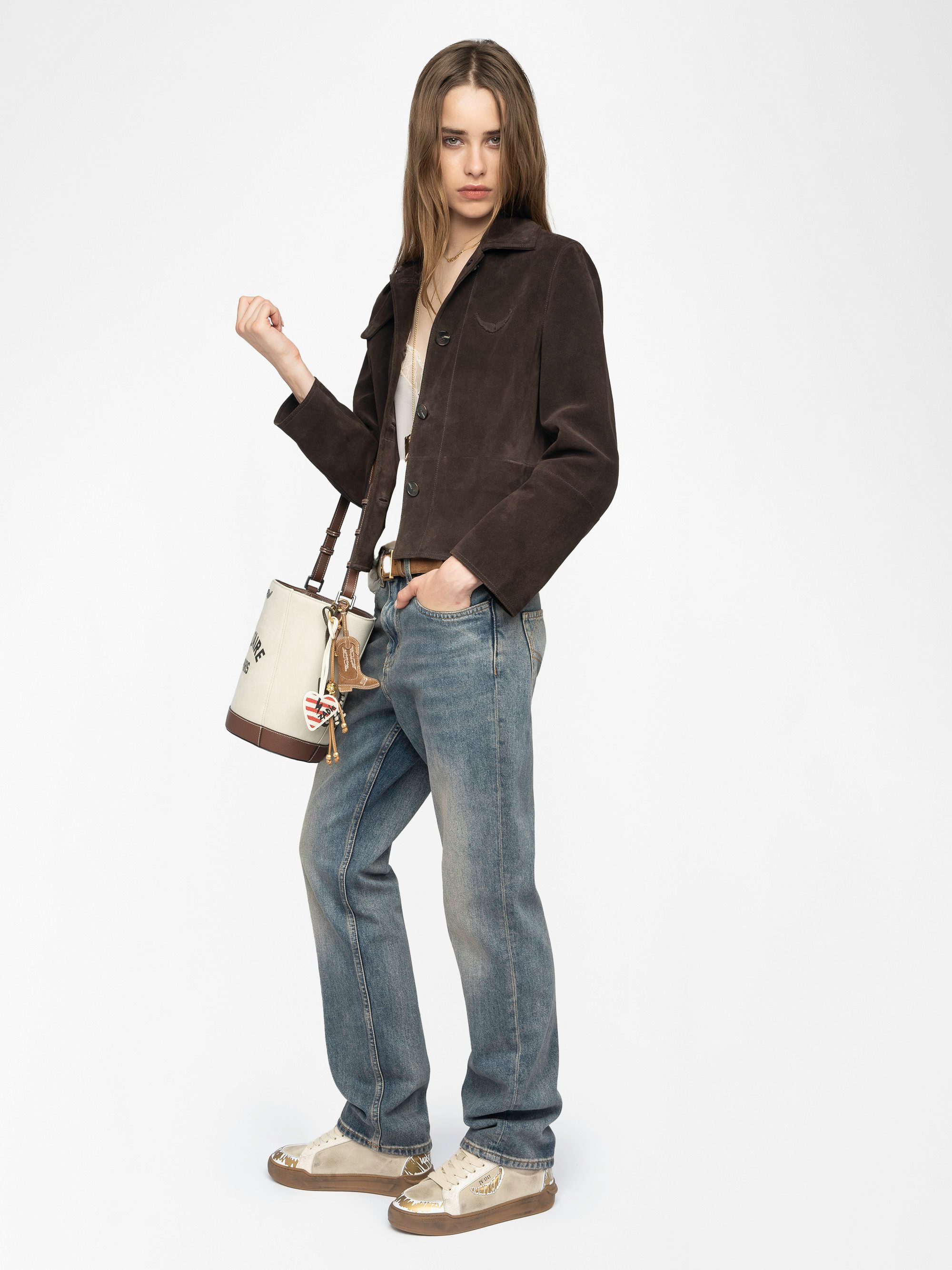 Lessa Suede Leather Jacket - Short buttoned jacket in suede leather with embossed wing on the back.